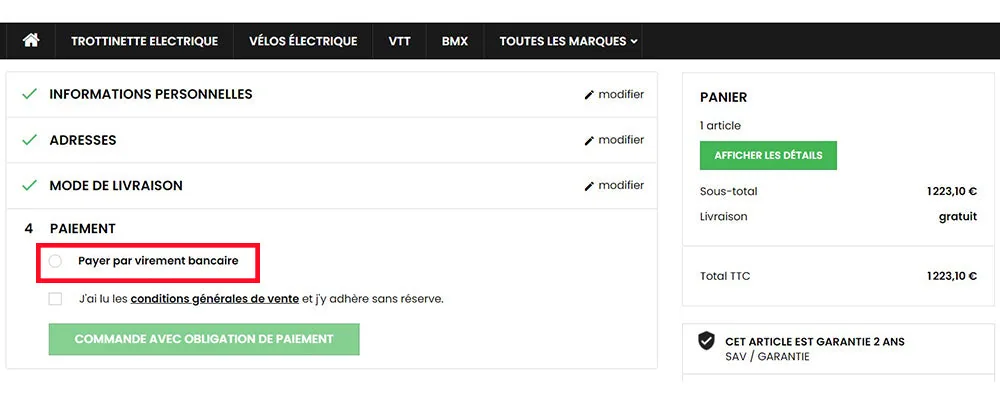 paiement virement bancaire frauduleux troti-velo.fr